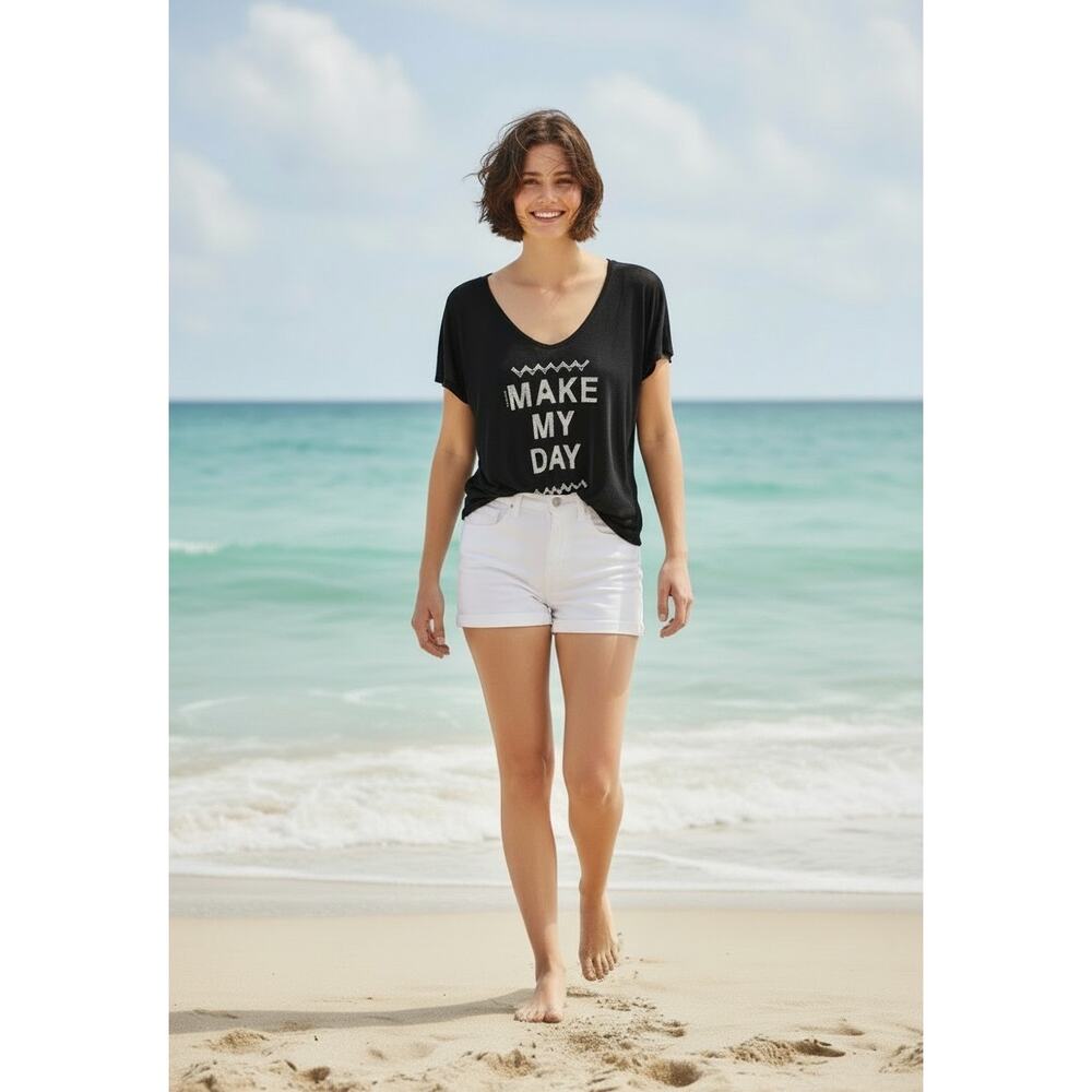 TOKYO DARLING "Make My Day" Deep Scoop Neck Tee Lace Panel Back - Small